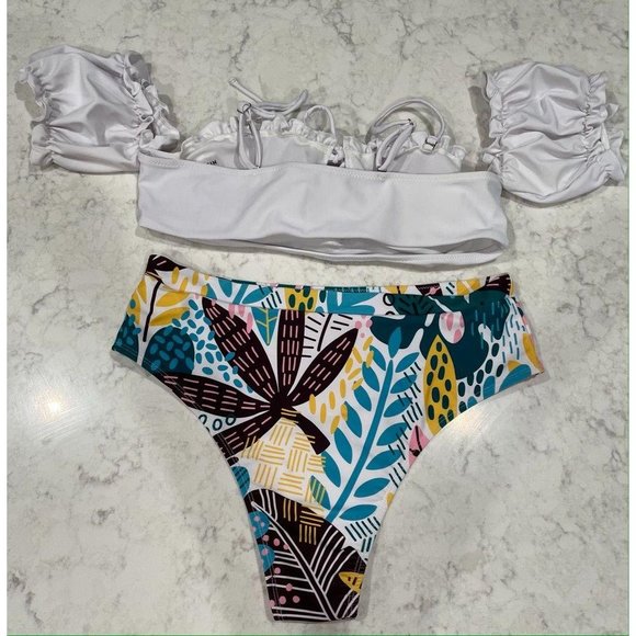 Shein Off The Shoulder Tropical Print Bikini Swims - Picture 3 of 6